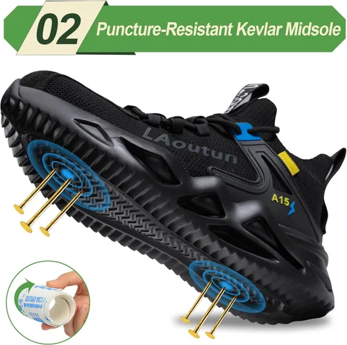 Miniatura 3 de LAoutun Zapatos con punta de acero para hombre, zapatos de trabajo, zapatos de seguridad, cómodos, ligeros, a prueba de pinchazos, zapatos