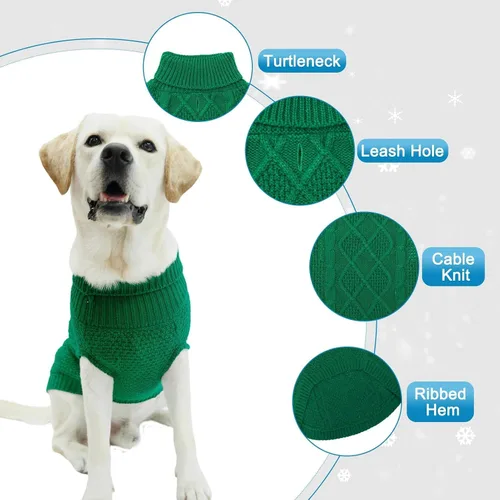 Miniatura 4 de Mihachi Suéter de cuello alto para perro, abrigo de invierno, ropa clásica de punto trenzado con agujero para la correa para clima frío, regalo Verde