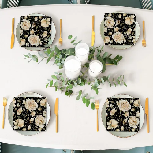 Miniatura 7 de Paquete de 80 servilletas de almuerzo florales rosas retro, peonías de rosas negras, servilletas de papel desechables decorativas vintage