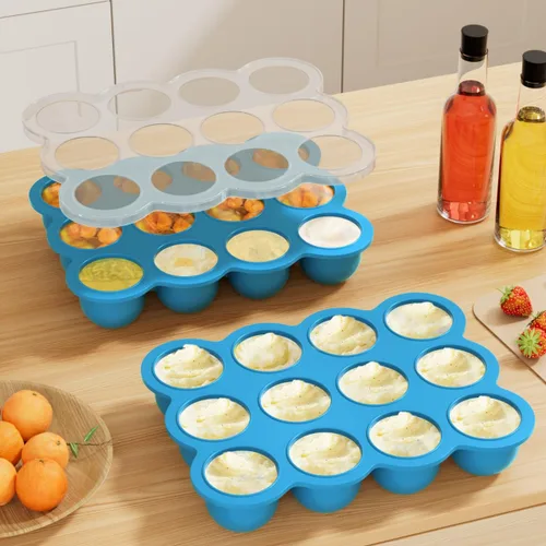 Miniatura 6 de Samuelworld Contenedor de almacenamiento de alimentos para bebés, 12 porciones x 2.5 onzas, bandeja de silicona sin BPA con tapa de clip para Azul