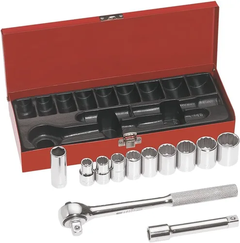 Miniatura 7 de Klein Tools 65504 Juego de llaves de vaso de 3/8 pulgadas, con enchufes de 12 puntos y 6 puntos, y bujías, 2 extensiones, trinquete, estuche, 12