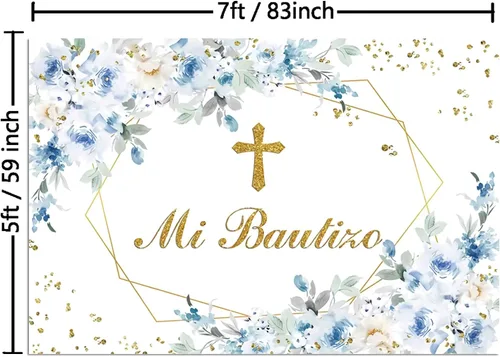 Miniatura 2 de Mi Bautizo - Telón de fondo de fotografía de flor de peonía azul, angel, primera comunión, bautismo, decoración de fiesta, bautizo, baby shower