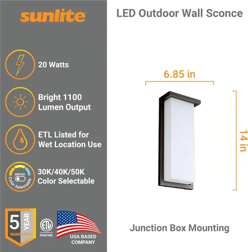 Miniatura 2 de Sunlite 81481 - Lámpara de pared LED moderna de 14 pulgadas, accesorio para exteriores, ajustable 3 CCT 3000K-5000K, 20 vatios, 1100 lúmenes, Bronce