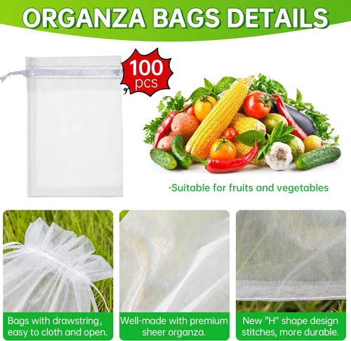 Miniatura 2 de QPRETTY DU 100 bolsas de organza, protectores de frutas de malla blanca de 8 x 12 pulgadas con cordón para uvas, mango, verduras, jardín