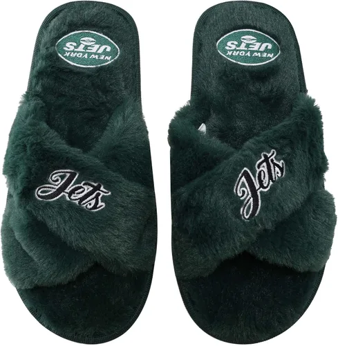 Miniatura 8 de FOCO Pantuflas deslizantes cruzadas mullidas con logotipo de texto del equipo NFL para mujeres