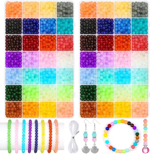 ROADPLUM 2800 cuentas redondas de vidrio para hacer joyas, 28 colores de cuentas de cristal de 0.236 pulgadas para hacer pulseras en 2 cajas y 1