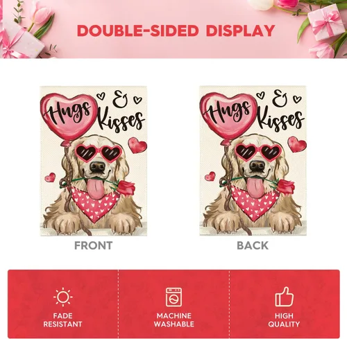 Miniatura 6 de AVOIN colorlife Bandera de jardín de perro para el día de San Valentín, 12 x 18 pulgadas, Golden Retriever Hugs Kisses de doble cara, aniversario