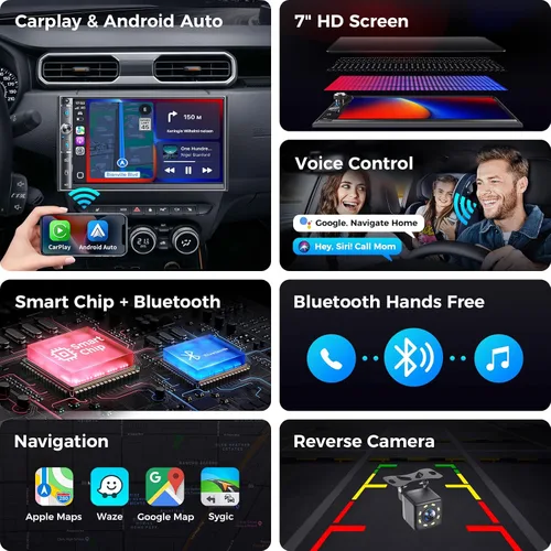 Miniatura 3 de Estéreo de auto doble DIN con pantalla táctil HD de 7 pulgadas, Apple Carplay inalámbrico y Android Auto, Bluetooth, 240W, SWC, salida de subwoofer