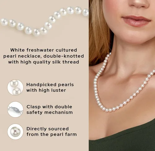 Miniatura 2 de The Pearl Source Collar de perlas reales para mujer con perlas cultivadas redondas de agua dulce blancas de calidad AAA+, hilo de perlas de 18