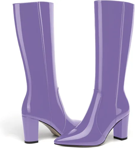Miniatura 132 de AMBELIGHT Botas altas hasta la rodilla con cremallera y puntera puntiaguda para mujer, de patente sólida, tacón alto, 3.3 pulgadas