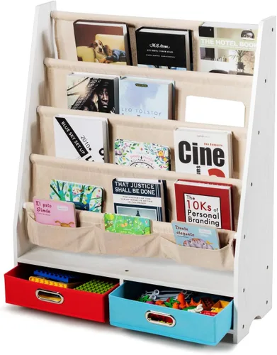Miniatura 7 de HONEY JOY Estante para libros para niños con 2 contenedores de almacenamiento, estantería de madera para niños pequeños con 4 estantes de Beige