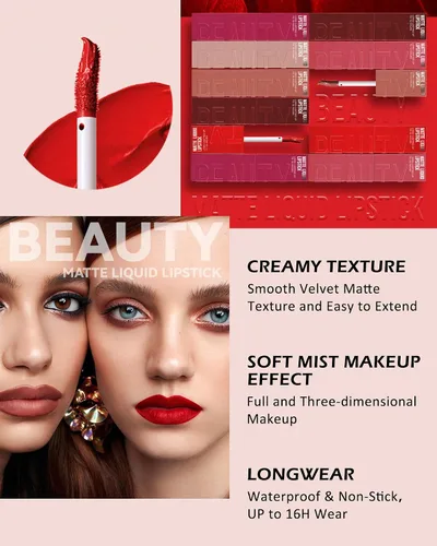 Miniatura 3 de Lápiz labial líquido mate para mujeres - 2 unidades, rosa nude y rojo vino, tinte labial altamente pigmentado, brillo labial mate aterciopelado