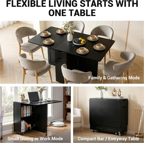 Miniatura 4 de Mesa de comedor plegable con cajón y estantes de almacenamiento, mesa de comedor plegable de 53" que ahorra espacio con 6 ruedas, mesa de hoja
