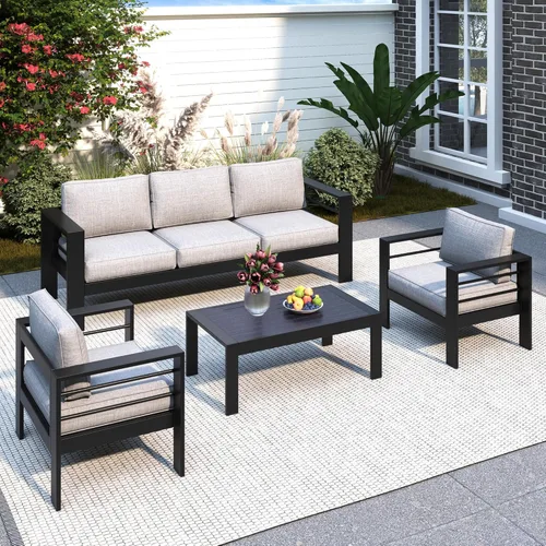 Miniatura 44 de Solaste Juego de muebles de patio de aluminio para todo tipo de clima, moderno juego de muebles de metal para exteriores con asientos profundos