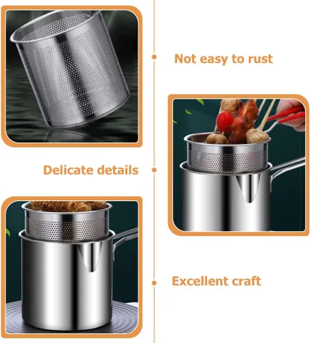 Miniatura 5 de 1 juego de olla profunda de acero inoxidable con cesta para freír olla de cocina de acero inoxidable para calentamiento rápido, diseño ergonómico