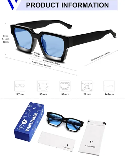 Miniatura 78 de VANLINKER Gafas de sol cuadradas gruesas para hombres y mujeres, retro, rectangulares, con protección UV400, VL9731