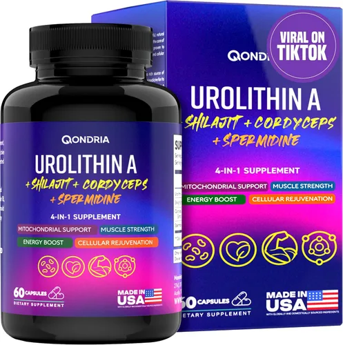 Urolitina Un suplemento de 500 mg con mezcla de energía 4 en 1 de espermidina de 10 mg, Shilajit 300 mg y Cordyceps 400 mg por porción - Aumenta la