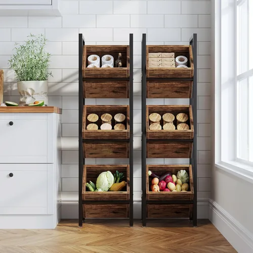 Miniatura 5 de LITTLE TREE Soporte de Cesta de 3 Niveles, Unidad de Estantería de Pie de Madera, Organizador de Almacenamiento Rústico de Pie para Cocina, Baño