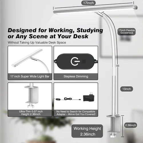 Miniatura 3 de Airlonv Lámpara de escritorio LED para oficina y hogar, luz de escritorio que cuida los ojos con atenuación continua, cuello de cisne flexible Blanco