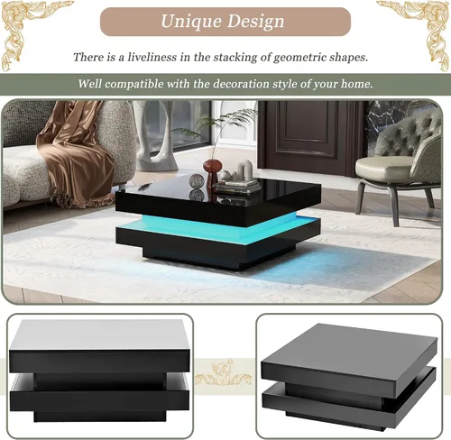 Miniatura 6 de Mesa de centro cuadrada moderna con iluminación LED de 16 colores, mesa central de 2 niveles, mesa de cóctel de alto brillo para sala de estar Negro
