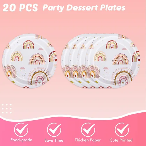 Miniatura 3 de Ryzovo Juego de 62 piezas de vajilla bohemia para fiesta de arcoíris, incluye platos de papel, servilletas, mantel para niñas y niños, decoración