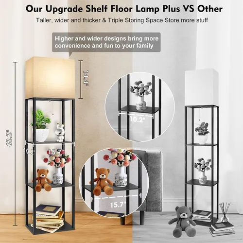Miniatura 2 de Lámpara de pie RUNTOP Plus con estantes, lámpara de estante con bombilla LED de 15W, 3 colores, función de memoria, estante de exhibición ancho
