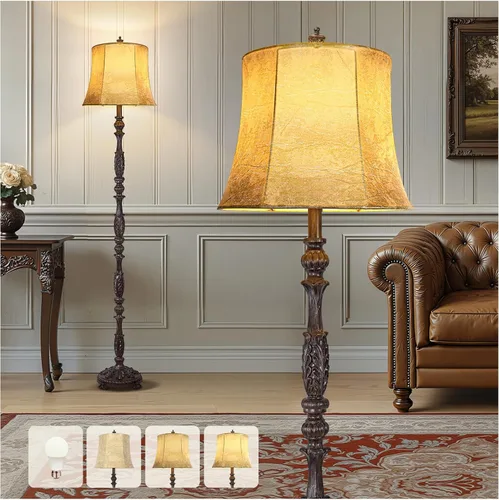 Scenekoy Lámpara de pie vintage de 66 pulgadas de alto para sala de estar, dormitorio, lámpara de pie tallada de resina retro con pantalla de piel
