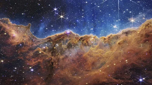 Foto de la nebulosa de Carina de los acantilados cósmicos (imagen de NIRCam) NASA. mural de pared espacial Galaxy Nebula | Papel tapiz para despegar