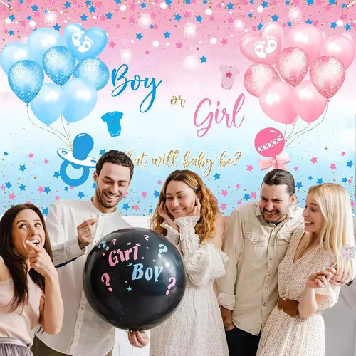 Miniatura 3 de Avezano Telón de Fondo de Revelación de Género Niño o Niña Cartel Pancarta Estrellas Azules y Rosas Puntos Tema de Globos Decoraciones de Fiesta