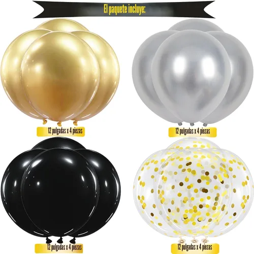 Miniatura 3 de Cartel de feliz cumpleaños, decoración de cumpleaños negro y dorado, 16 globos de 12 pulgadas con 2 cintas para hombres, mujeres, niñas y niños