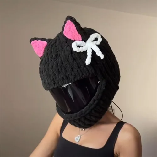 Miniatura 2 de Lindas fundas para casco de motocicleta con orejas de gato/conejo, cubierta de decoración de casco de cara completa divertida de felpa, gorro