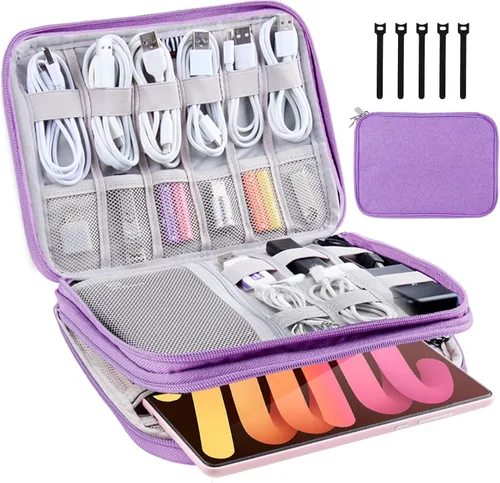 Miniatura 10 de Estuche organizador electrónico de viaje, bolsa para cables de viaje, resistente al agua, bolsa de doble capa para cables, cables, iPad Mini, regalo