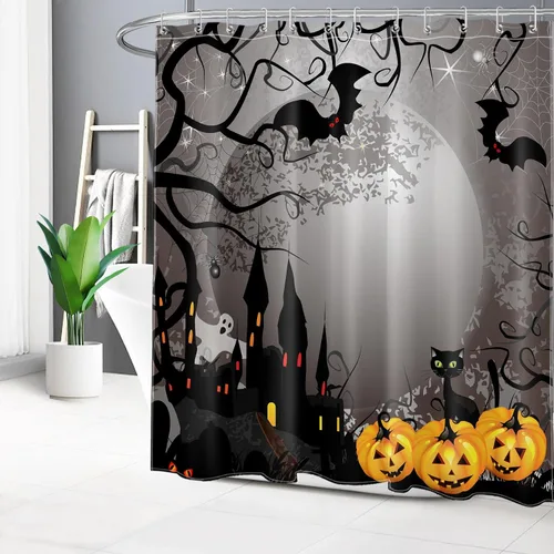 Miniatura 9 de EOBTAIN Cortina de ducha de calabaza espeluznante de Halloween, fantasma y gato murciélago con casa embrujada en noche oscura aterradora, cortina