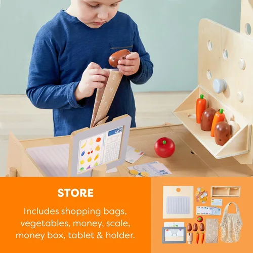 Miniatura 4 de HABA Cocina de madera 3 en 1 para niños, juego de tienda de comestibles para niños y banco de herramientas para niños, juguetes de madera