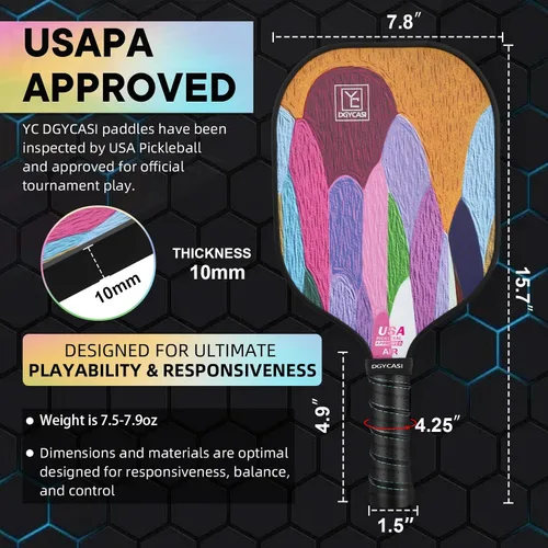 Miniatura 3 de YC DGYCASI Juego de 2 palas de pickleball aprobadas por USAPA 2026, raquetas ligeras de fibra de vidrio para pickleball, paquete de 2, 2 pelotas