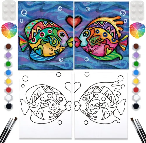 VALLSIP Paquete de 2 Kit de Pintura Paint and Sip Lienzo Predibujado para Pintar para Adultos Lienzo Estirado Juegos para Parejas Noche de Cita