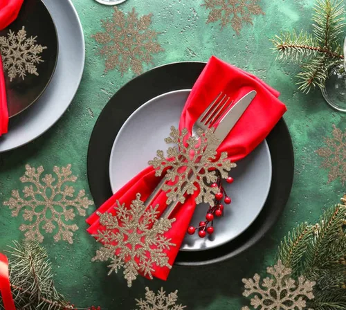 Miniatura 5 de Decoraciones para árbol de Navidad, adornos de copo de nieve, 36 piezas de copos de nieve colgantes de plástico con purpurina azul y plateado
