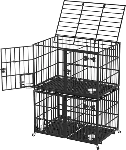 Miniatura 11 de aboxoo Jaula XL de 48/42 pulgadas para perros grandes/perros dobles medianos, jaulas de metal resistente, parte superior abierta de metal, perrera