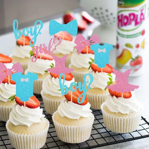 Miniatura 7 de Paquete de 24 adornos para cupcakes para niños o niñas, con purpurina rosa y azul, palillos para cupcakes de baby shower, corbatín, mameluco, mono
