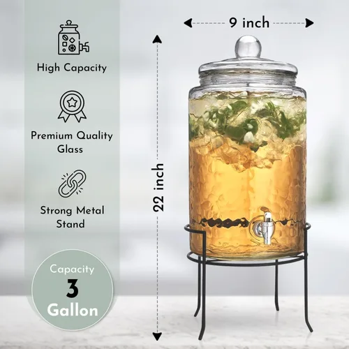 Miniatura 3 de HC Classic - Dispensador de bebidas frías de vidrio martillado, 3 galones, con tapa de vidrio y soporte de metal antiguo, espita 100% a prueba
