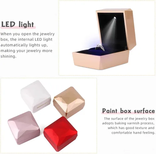 Miniatura 3 de iSuperb Caja de anillo de compromiso cuadrada con caja de luz LED, caja de regalo para propuesta, aniversario de boda (dorado)