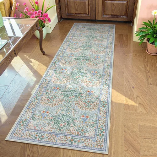Miniatura 9 de Lahome Tapete floral lavable, suave, para entrada y cocina, 2 x 3 pies, antideslizante, bohemio, ultradelgado, fácil de limpiar, para interior, Azul