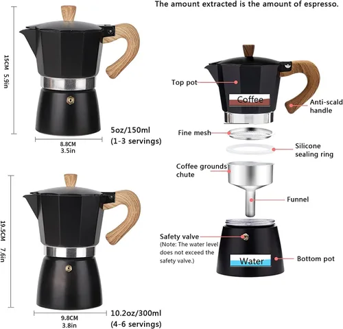 Miniatura 7 de Moka - Cafetera de café italiano, cafetera italiana, cafetera de 6 tazas/10 onzas, estufa de aluminio, cafetera para camping, cafetera cubana manual