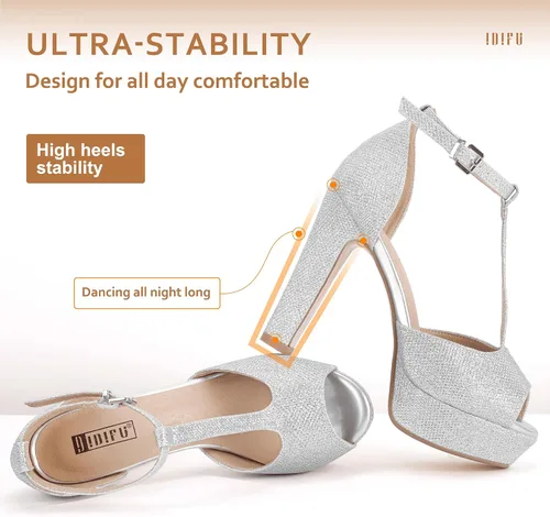 Miniatura 5 de IDIFU IN5 Polly - Sandalias de tacón alto grueso con correa en T para mujer, sandalias sexy con punta abierta, para boda, fiesta, graduación