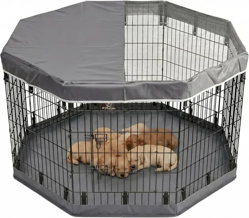 Miniatura 19 de PJYuCien Corralito octogonal para perros con cubierta superior y almohadilla inferior, bolígrafo de ejercicio plegable de metal, 8 paneles de 24