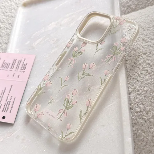 Miniatura 5 de Funda para iPhone 13, color blanco Funda para teléfono con diseño floral de tulipanes rosados para iPhone