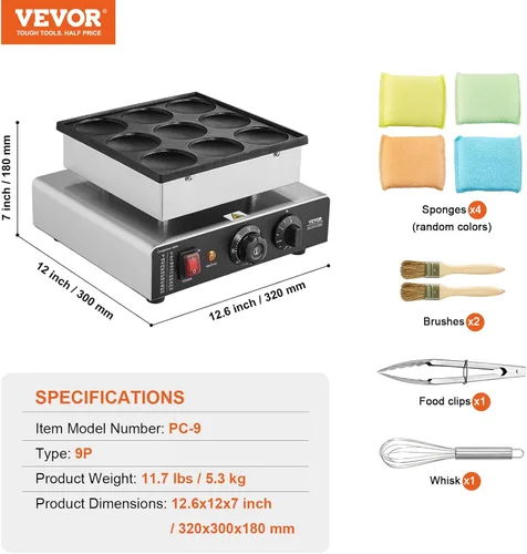 Miniatura 7 de VEVOR - Máquina para hacer panqueques holandeses, para 9 piezas, diám. 76 mm, máquina para hacer dorayaki, 850 W, eléctrica comercial