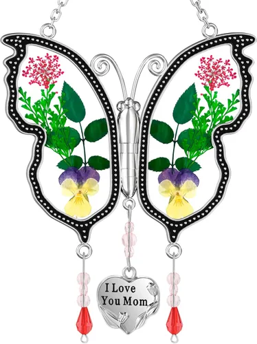 Miniatura 20 de KY&BOSAM Atrapasoles de mariposa con texto en inglés "I Love You Sister" para ventanas con flores secas y prensadas reales, dije de corazón grabado