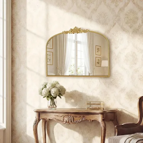 Espejo vintage dorado de 32 x 24 pulgadas, marco de cuentas ornamentadas de hojas de laurel, espejo de tocador decorativo, espejo de baño horizontal