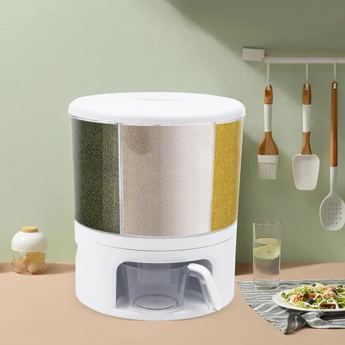 Miniatura 4 de Dispensador giratorio de almacenamiento en seco de 6 rejillas, dispensador de alimentos giratorio de 360°, dispensador de cereales redondo, tanque